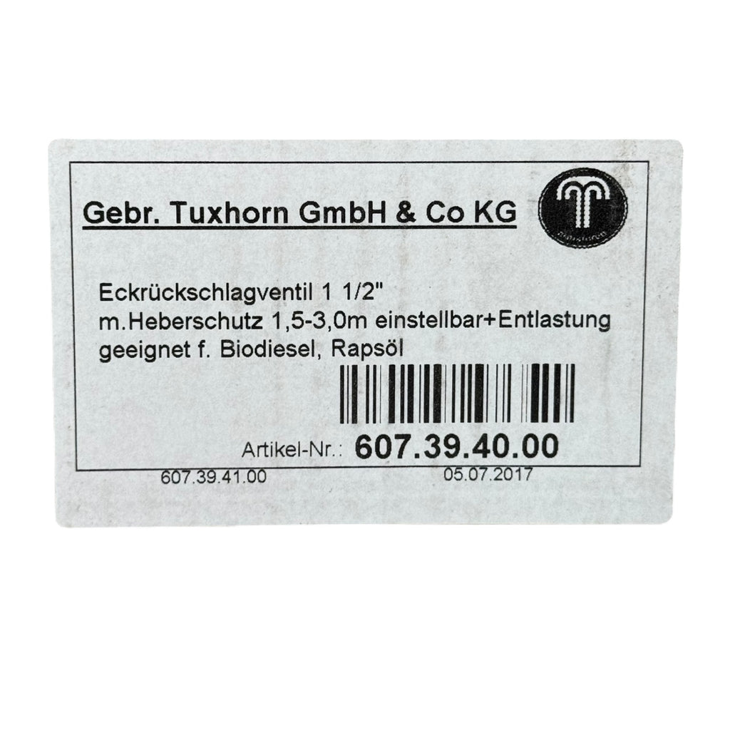 Tuxhorn Rückschlagventil 607.39.40.00 PN10 1 1/2" Eckventil Heberschutz Rapsöl