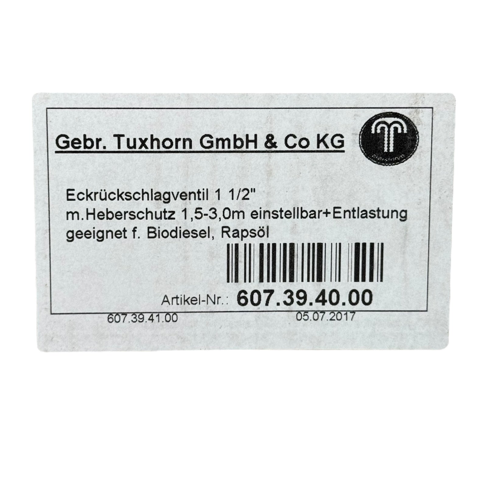 Tuxhorn Rückschlagventil 607.39.40.00 PN10 1 1/2" Eckventil Heberschutz Rapsöl