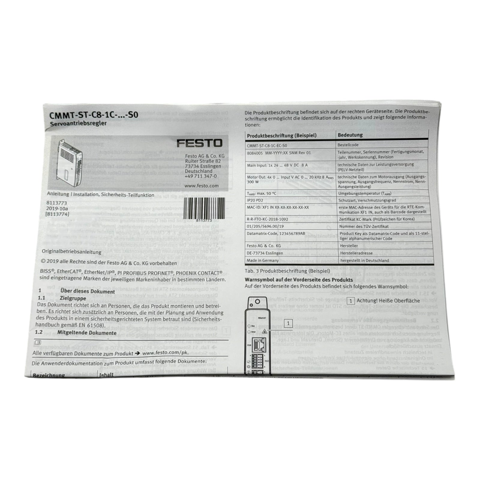 Festo CMMT-ST-C8-1C-EC-S0 Servoantriebsregler EtherCAT 24–48VDC 300W