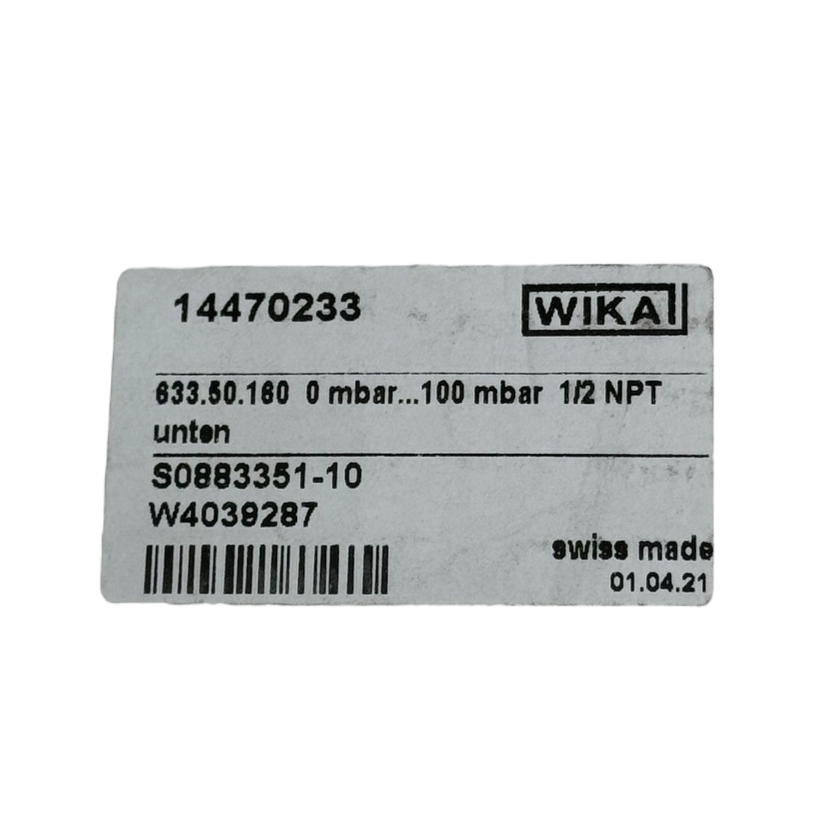WIKA Manometer 633.50.160 Ø160mm 0–100 mbar 1/2” NPT EN837-3