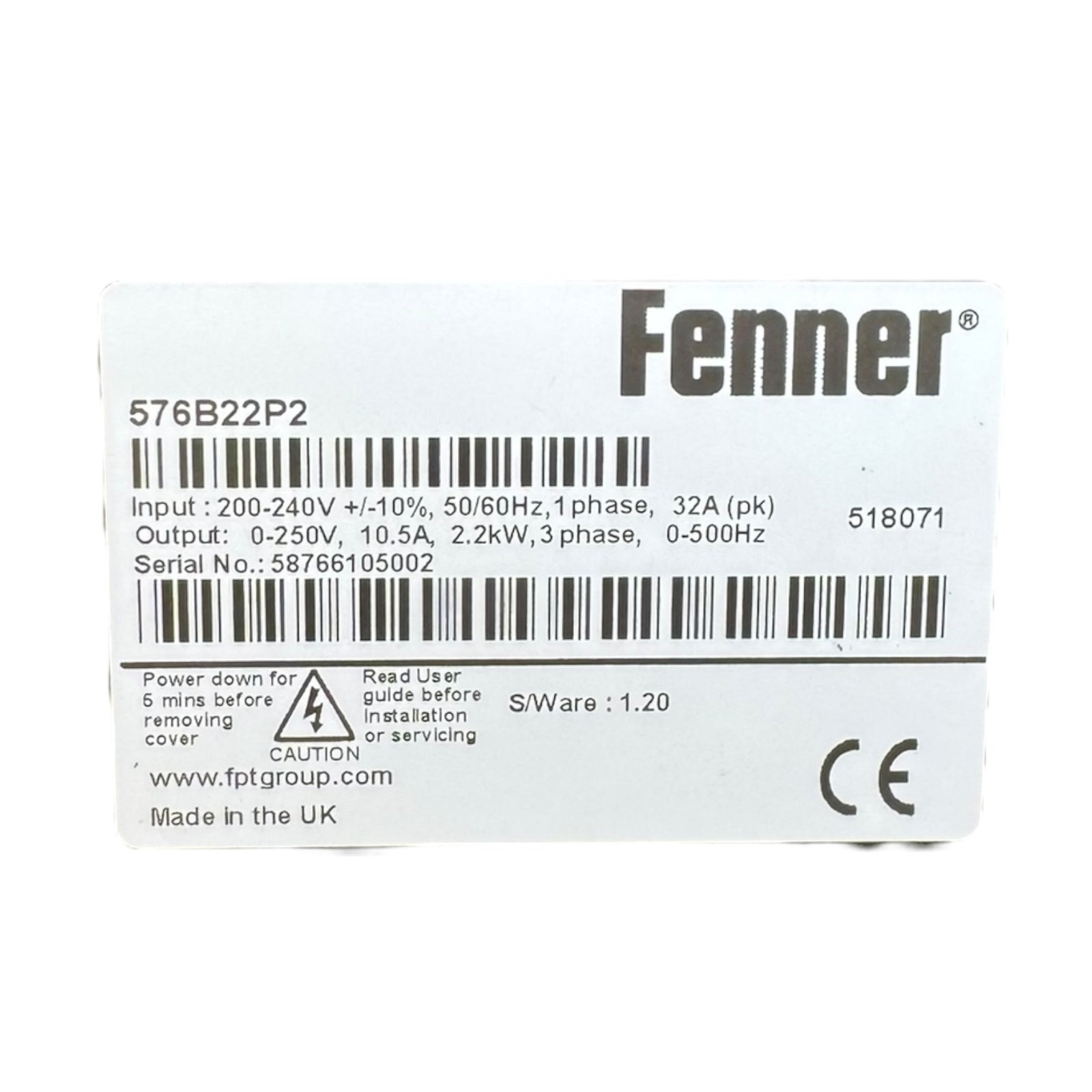 Fenner Frequenzumrichter 576B22P2 10,5A 2,2kW 200-240V 3PH S/W1.2 UNUSED