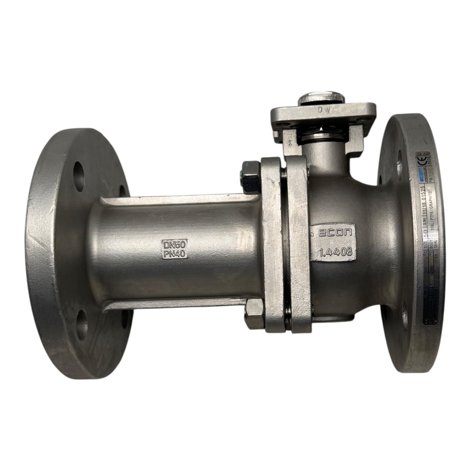 Econ 7288 Kugelhahn DN50 PN40 Edelstahl 1.4408 Feuersicherer Flansch PTFE EX