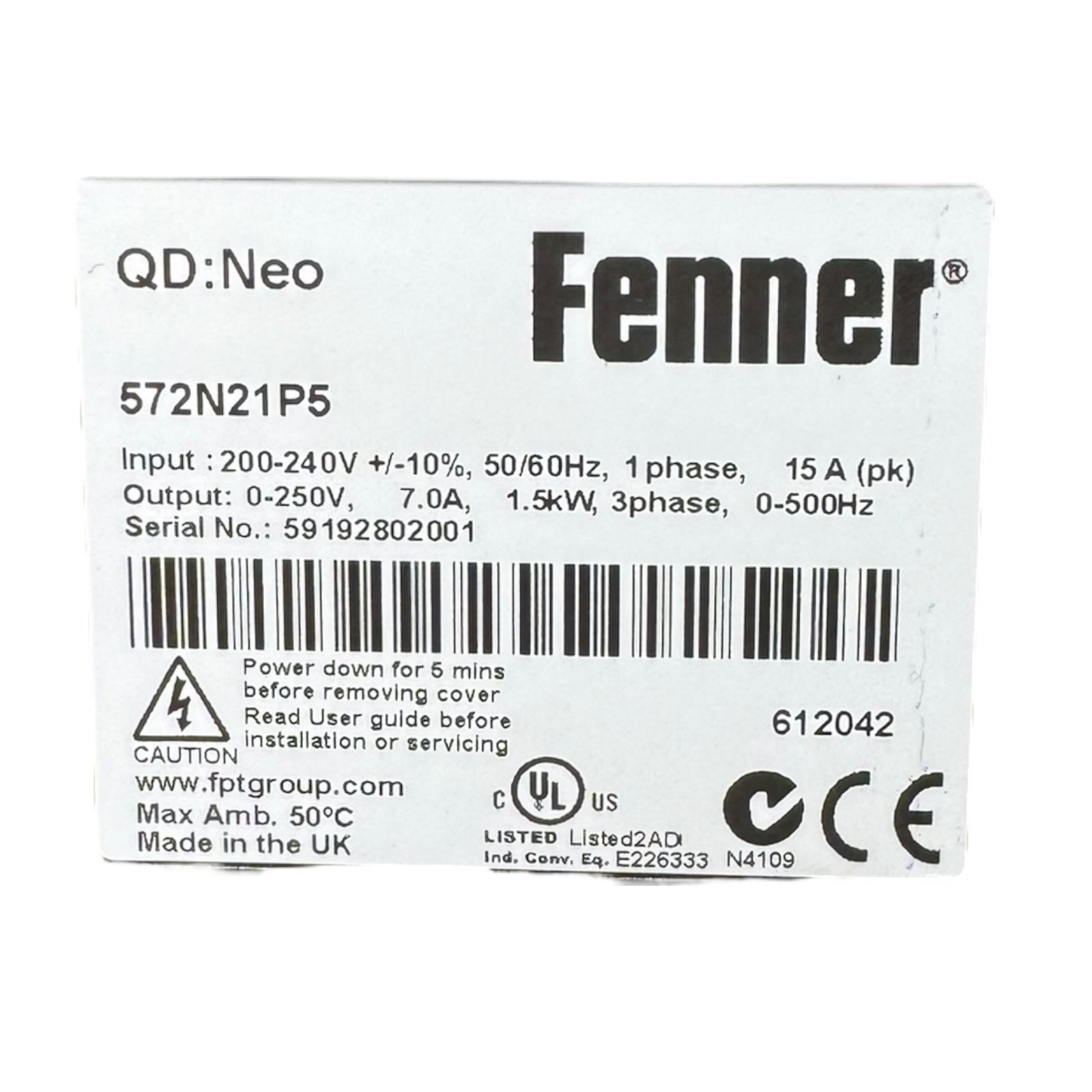 Fenner QD:Neo 572N21P5 Frequenzumrichter 1,5kW 200-240V 7A 0-500Hz UNUSED SW2.00