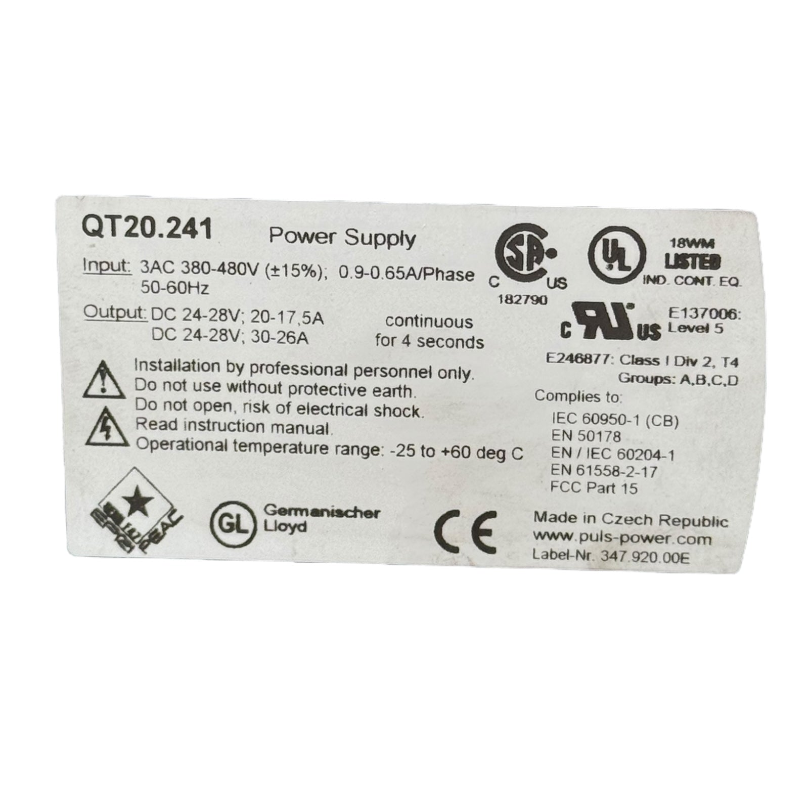 Puls QT20.241 Netzteil 24–28V DC 20–26A 380–480V AC DIN Rail Power Supply