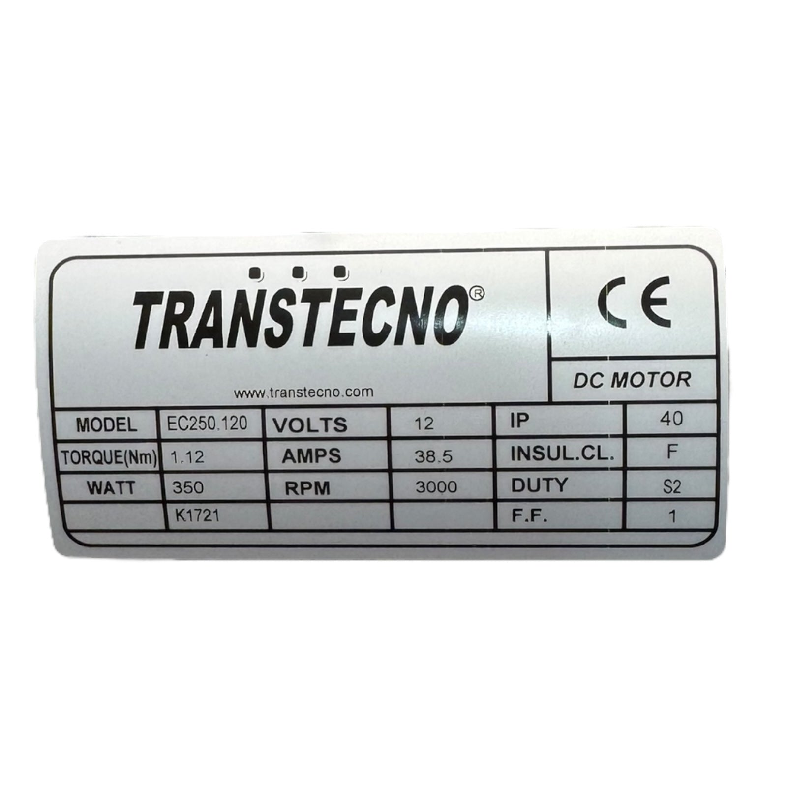 Transtecno EC250.120 DC Motor 12V 350W 3000rpm 1.12Nm IP40 B14A Antriebseinheit
