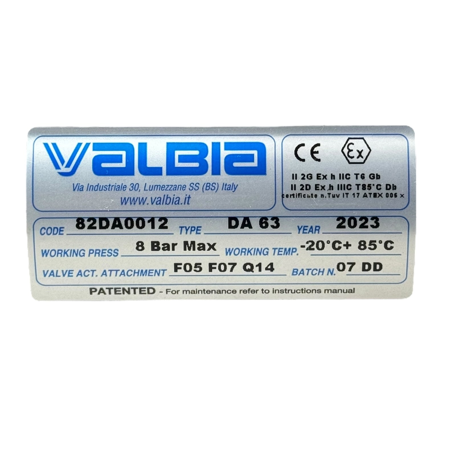Valbia Pneumatik Schwenkantrieb DA63 82DA0012 Doppelwirkend 8 bar ATEX