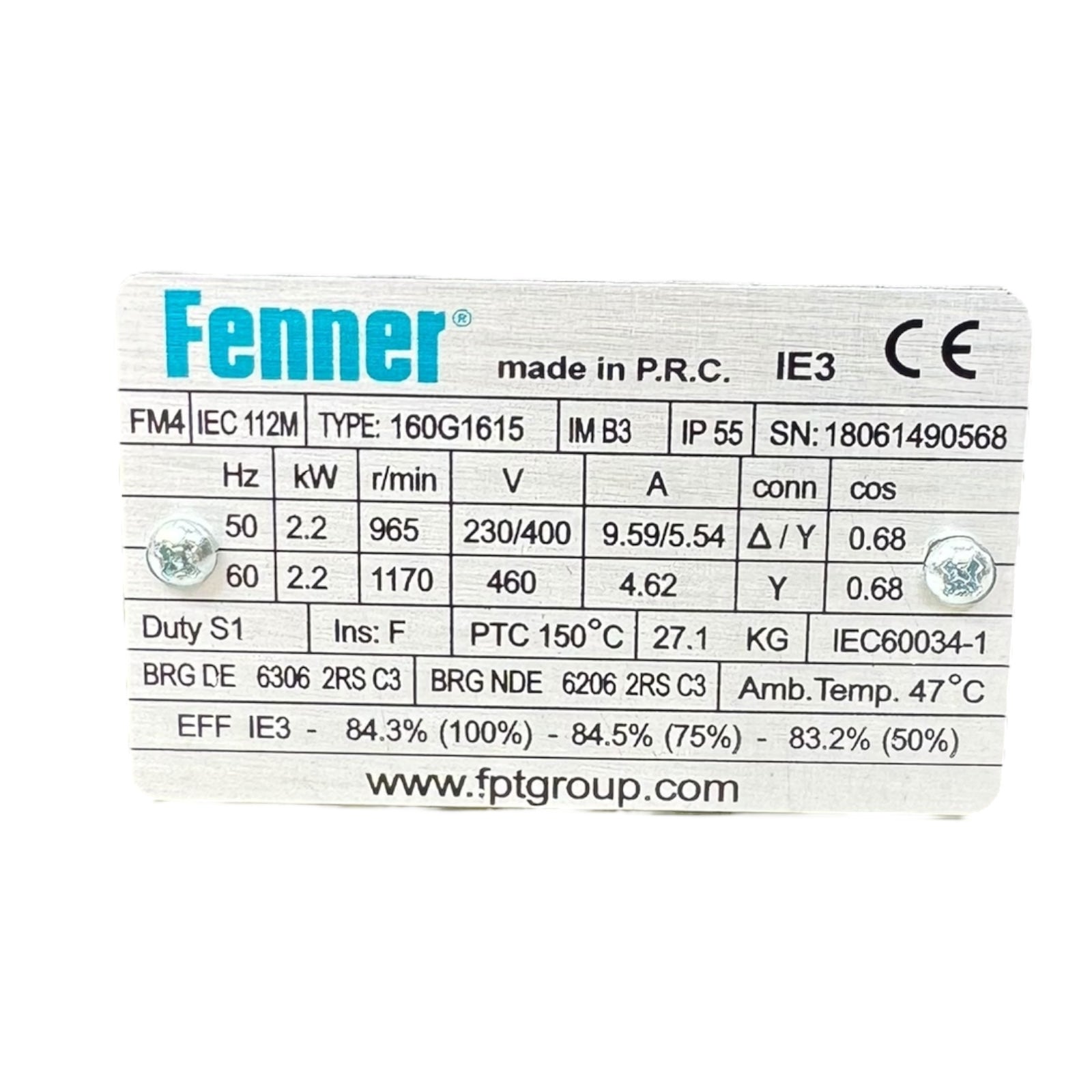 Fenner Elektromotor 2,2kW 112M-6 B3 IE3 230/400V 965rpm IP55 50Hz / 60Hz Unused