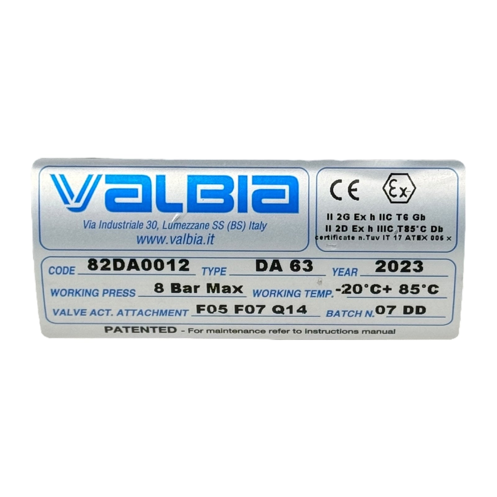 Valbia 82DA0012 DA63 Pneumatikantrieb Doppelwirkend ATEX F05 F07 Q14