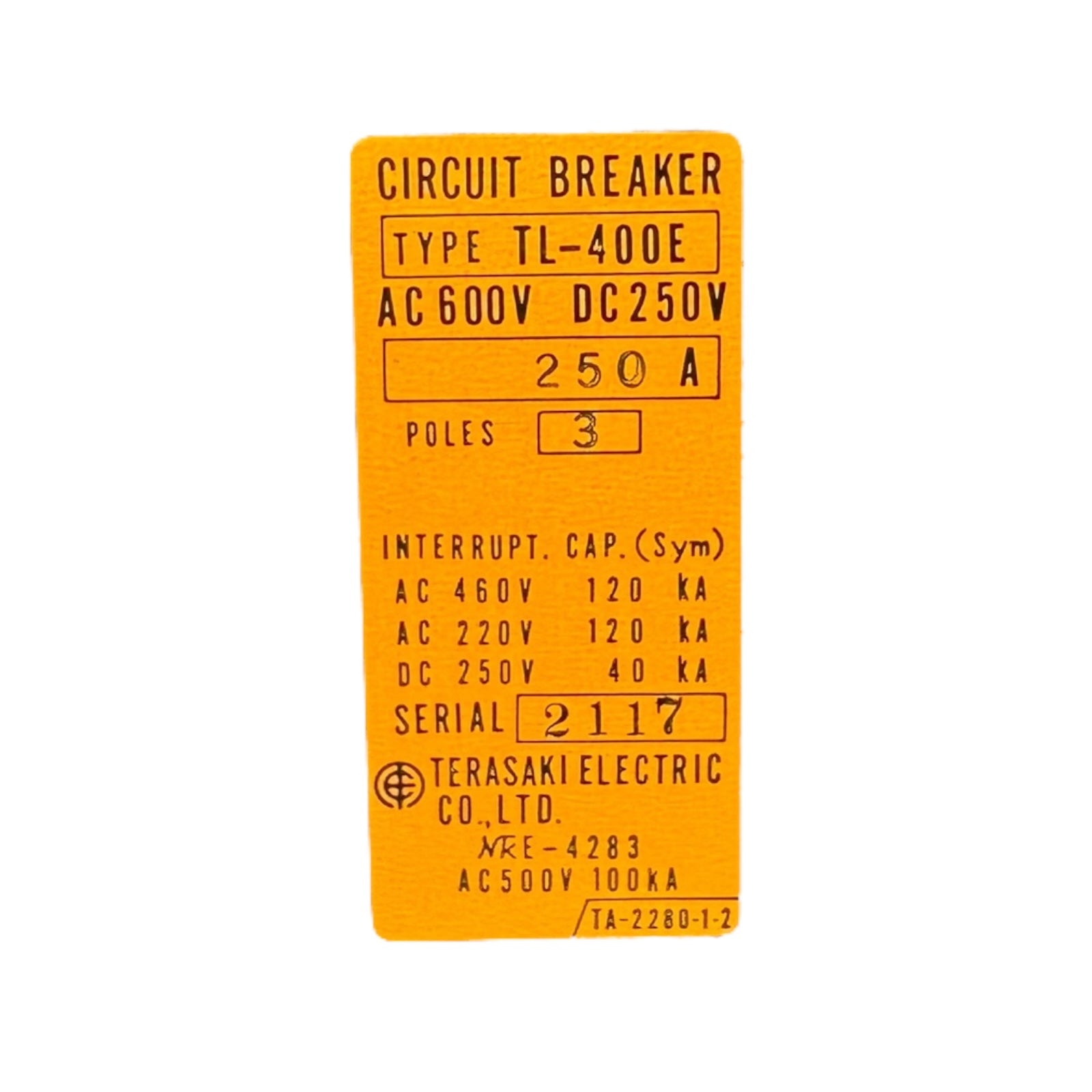 Terasaki TL-400E Leistungsschalter Breaker 250A 3-polig AC600V DC250V AUX