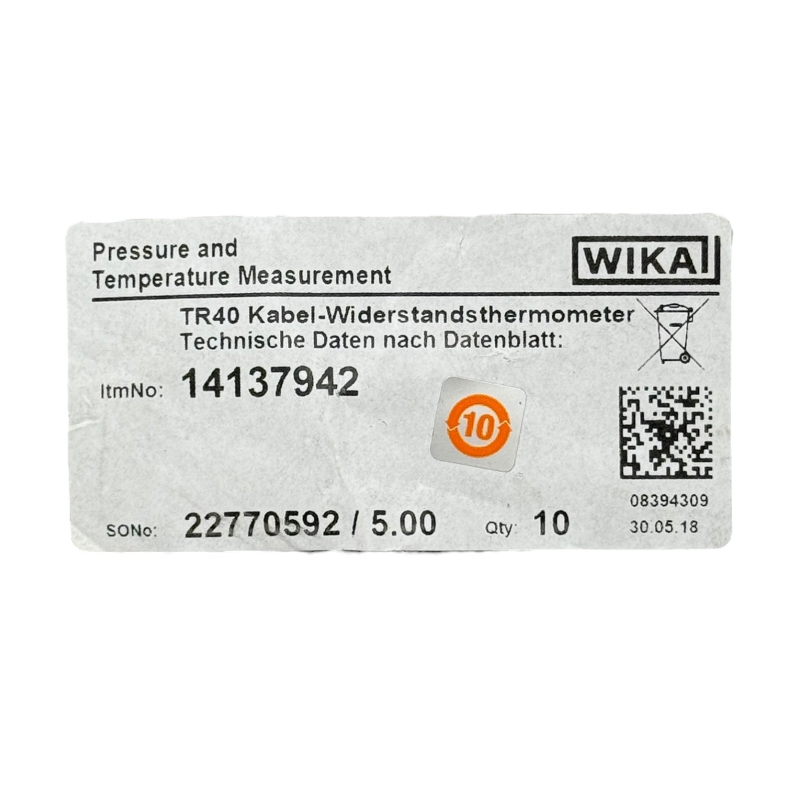 WIKA TR40 Kabel-Widerstandsthermometer Pt100 1x B 1/4(F) -60 bis +250°C ATEX