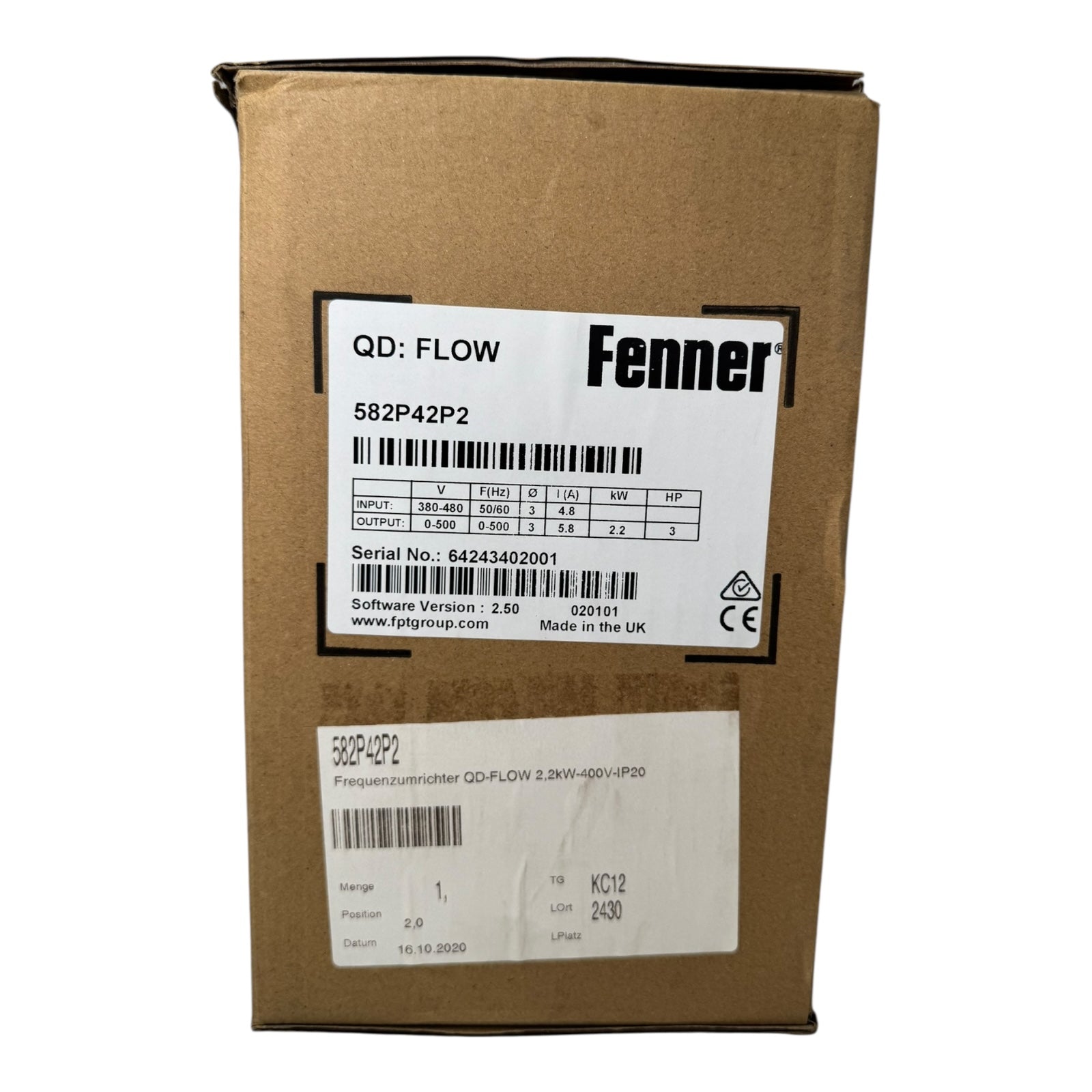 Fenner QD:Flow 582P42P2 Frequenzumrichter 2,2kW 380-480V IP20 3PH S/W2.50 UNUSED