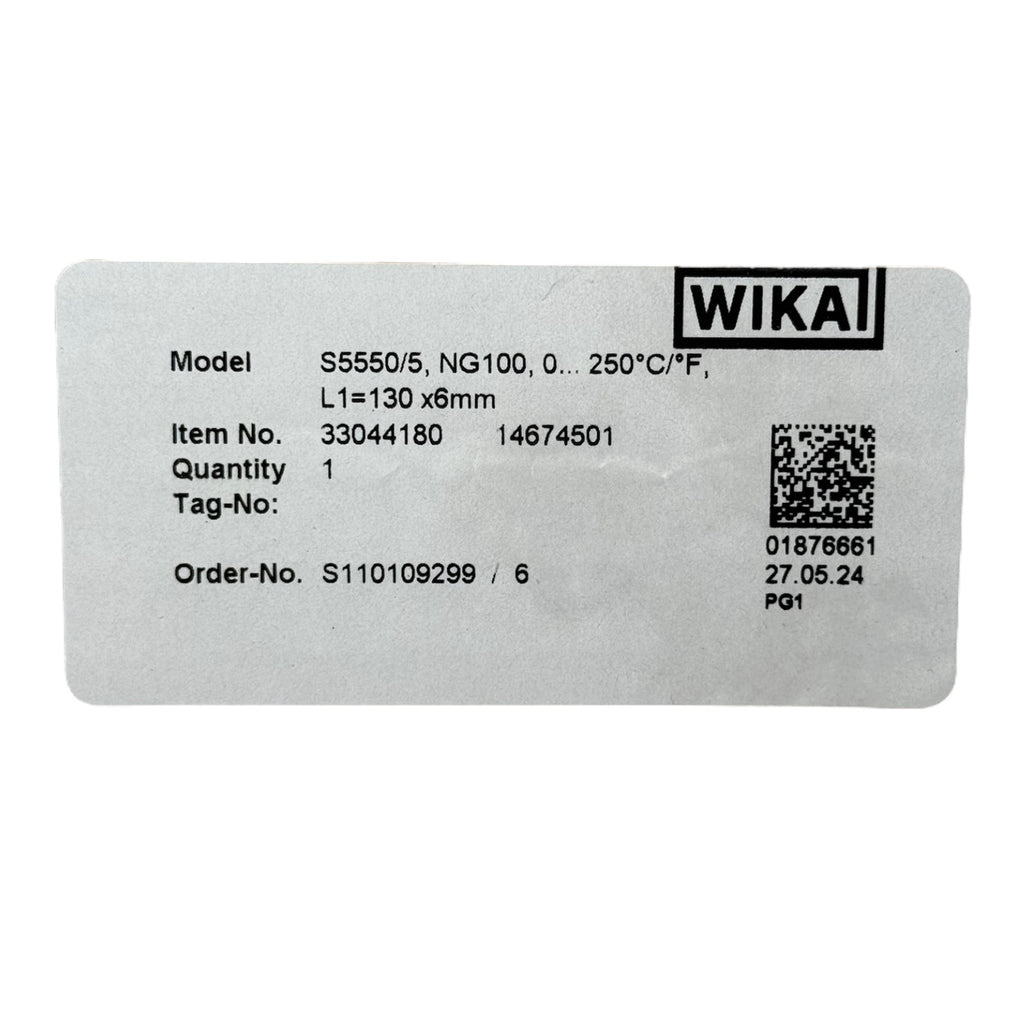 WIKA Bimetallthermometer S5550/5 NG100 0–250°C L=130mm Ø6mm Edelstahl