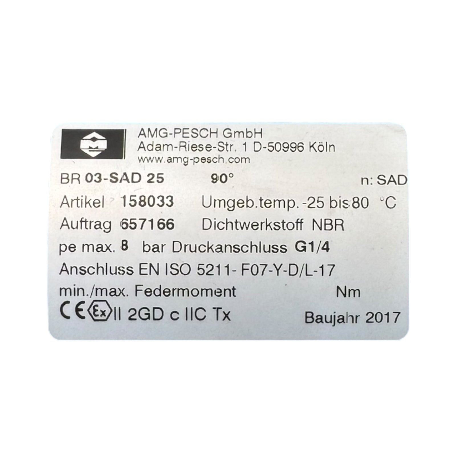AMG-PESCH 158033 90° BR03-SAD 25 Pneumatik 8bar Schwenkantrieb doppeltwirkend EX