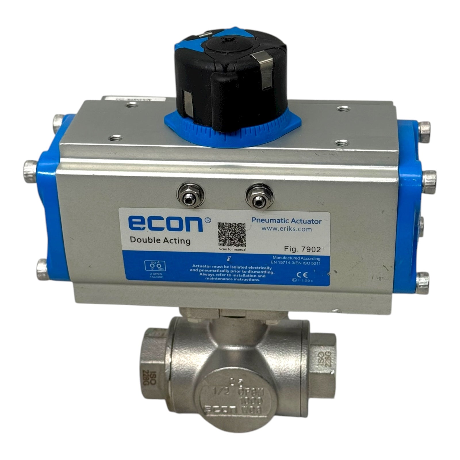 Econ Fig.7902 Pneumatikaktor Double Acting mit 3-Wege Kugelhahn DN15 1/2” CF8M