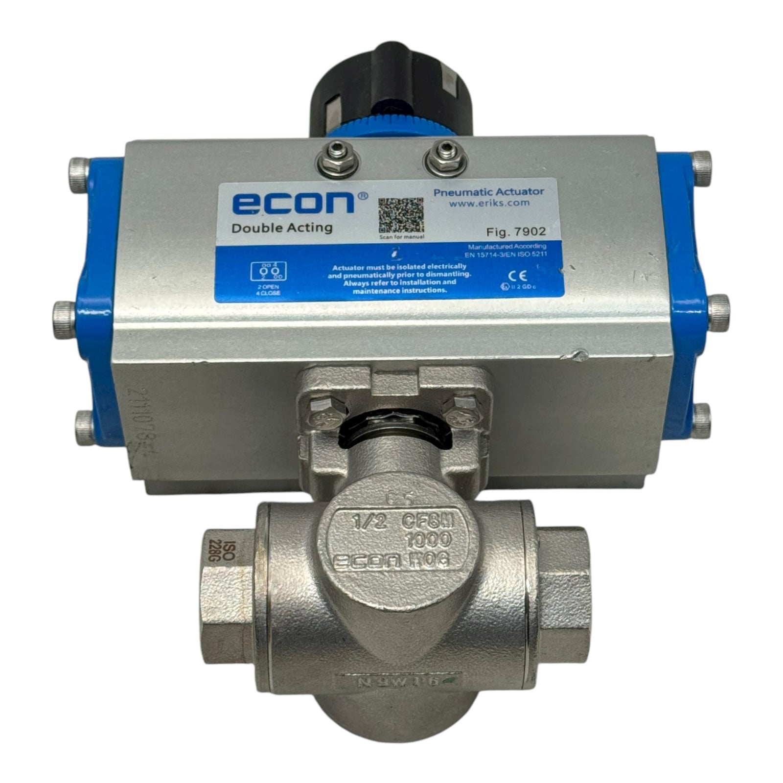 Econ Fig.7902 Pneumatikaktor Double Acting mit 3-Wege Kugelhahn DN15 1/2” CF8M