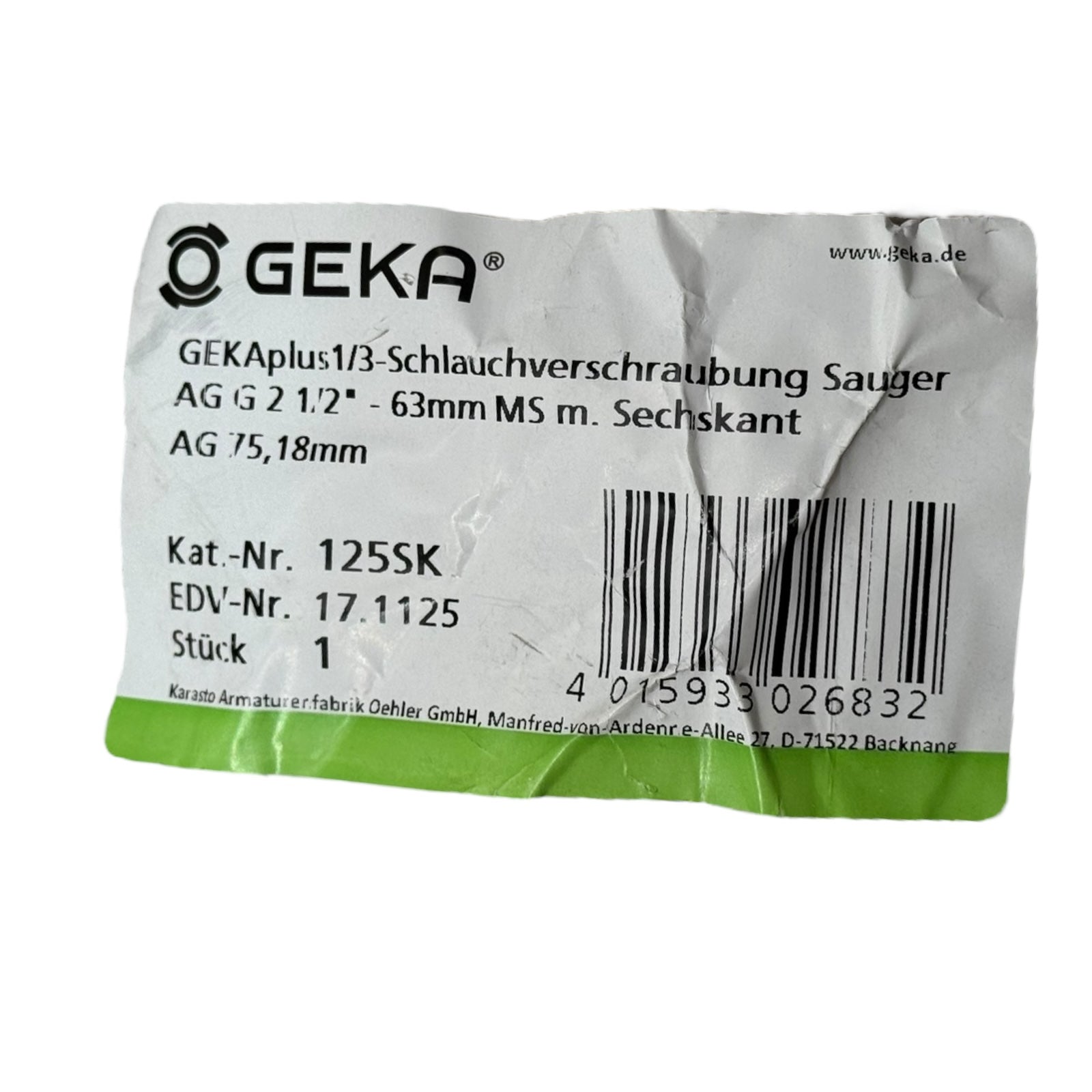 GEKA 125SK Schlauchverschraubung Sauger G2 1/2” 63mm Messing Sechskant plus