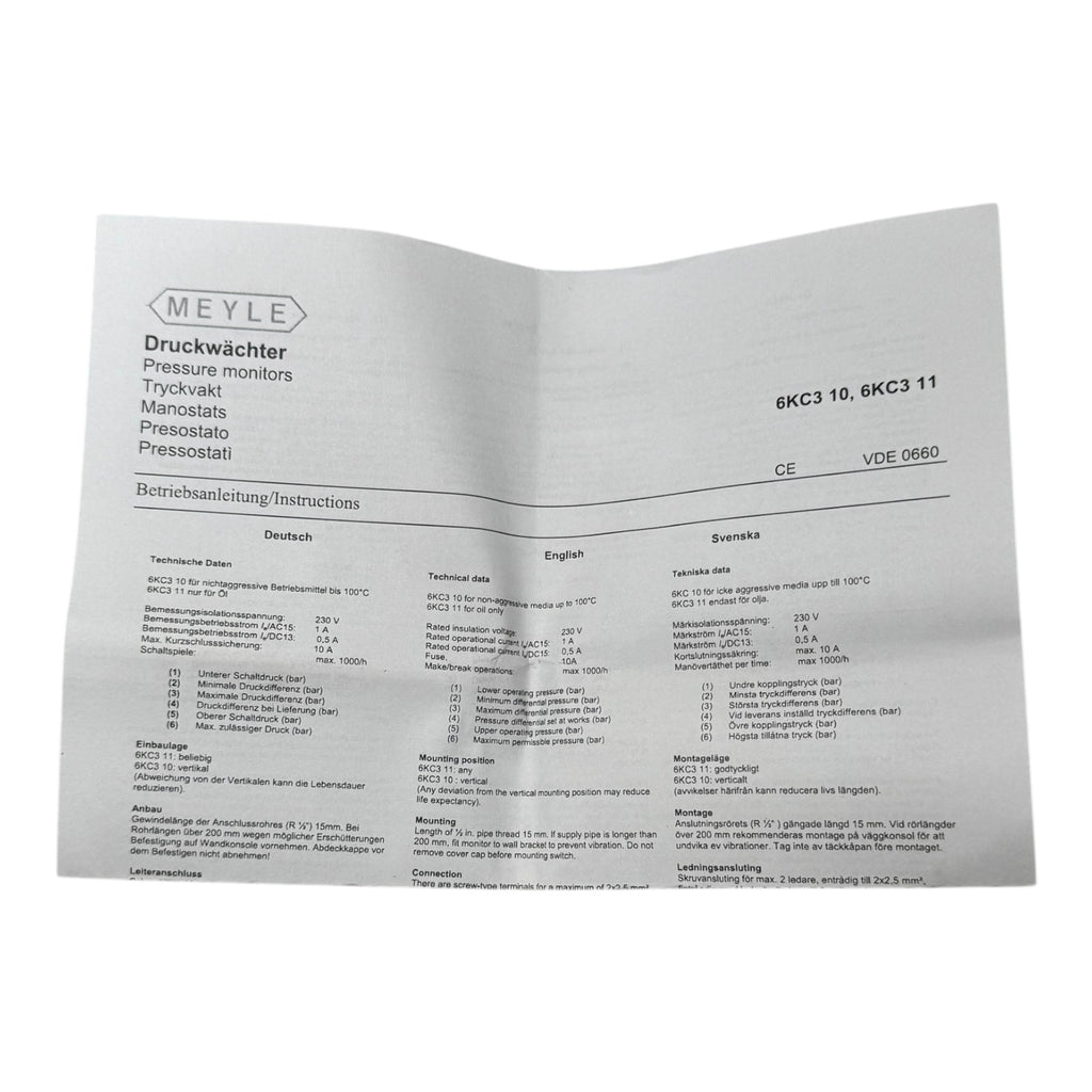 MEYLE 6KC3102-0A Druckwächter 1,5–4,0 bar Differenzdruckschalter AC500V 10A