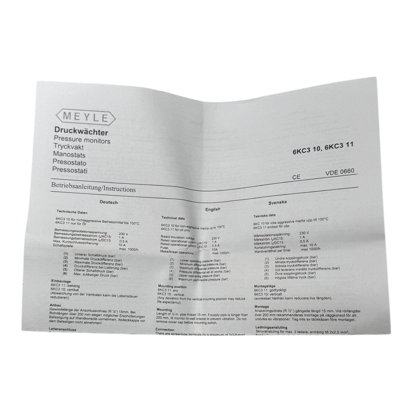 MEYLE 6KC3102-0A Druckwächter 1,5–4,0 bar Differenzdruckschalter AC500V 10A