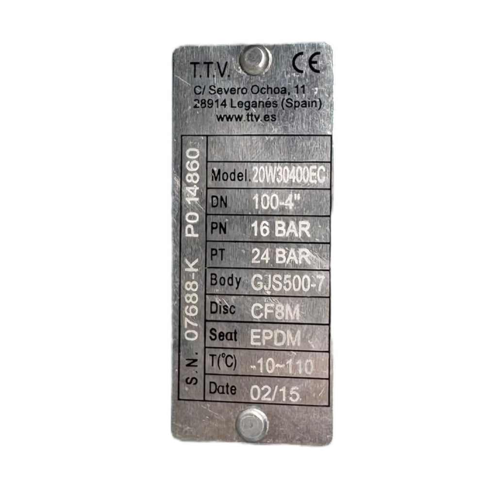 TTV 20W30400EC Absperrklappe DN100 PN16 EPDM CF8M Zwischenflansch