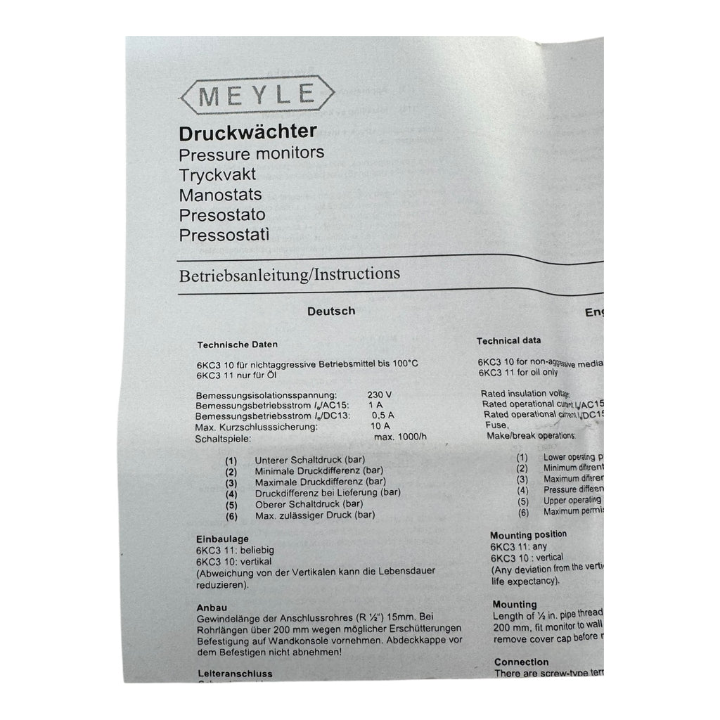 MEYLE 6KC3102-0A Druckwächter 1,5–4,0 bar Differenzdruckschalter AC500V 10A