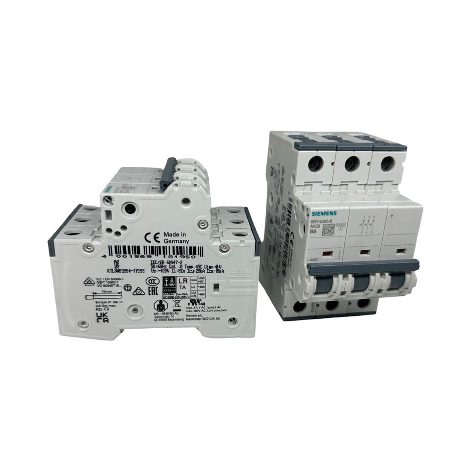 2x Siemens 5SY4316-7 C16 & 5SY4306-6 B6 Leitungsschutzschalter 3-polig