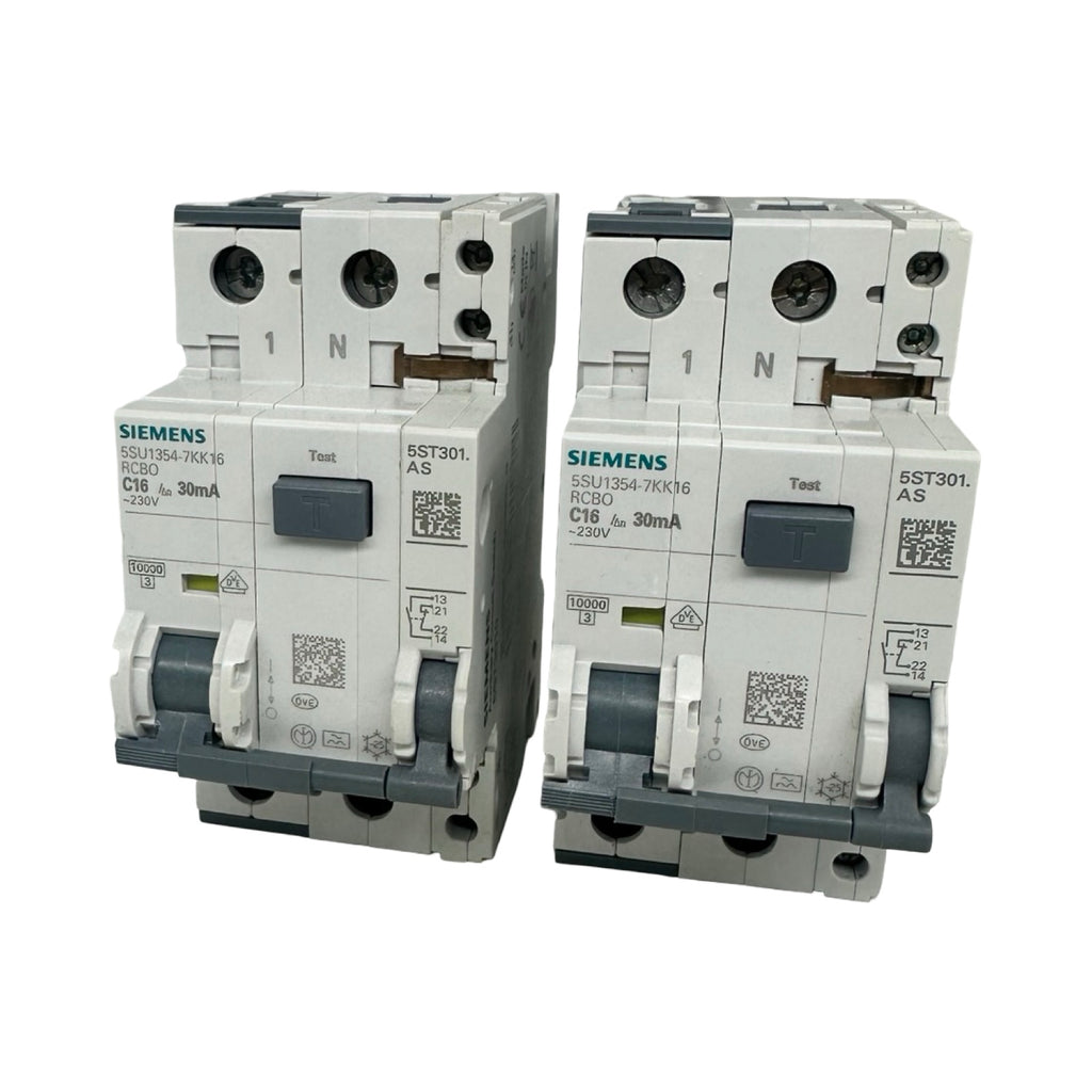 2x Siemens 5SU1354-7KK16 FI/LS Schalter C16 30mA RCBO + 5ST3010 Hilfsschalter