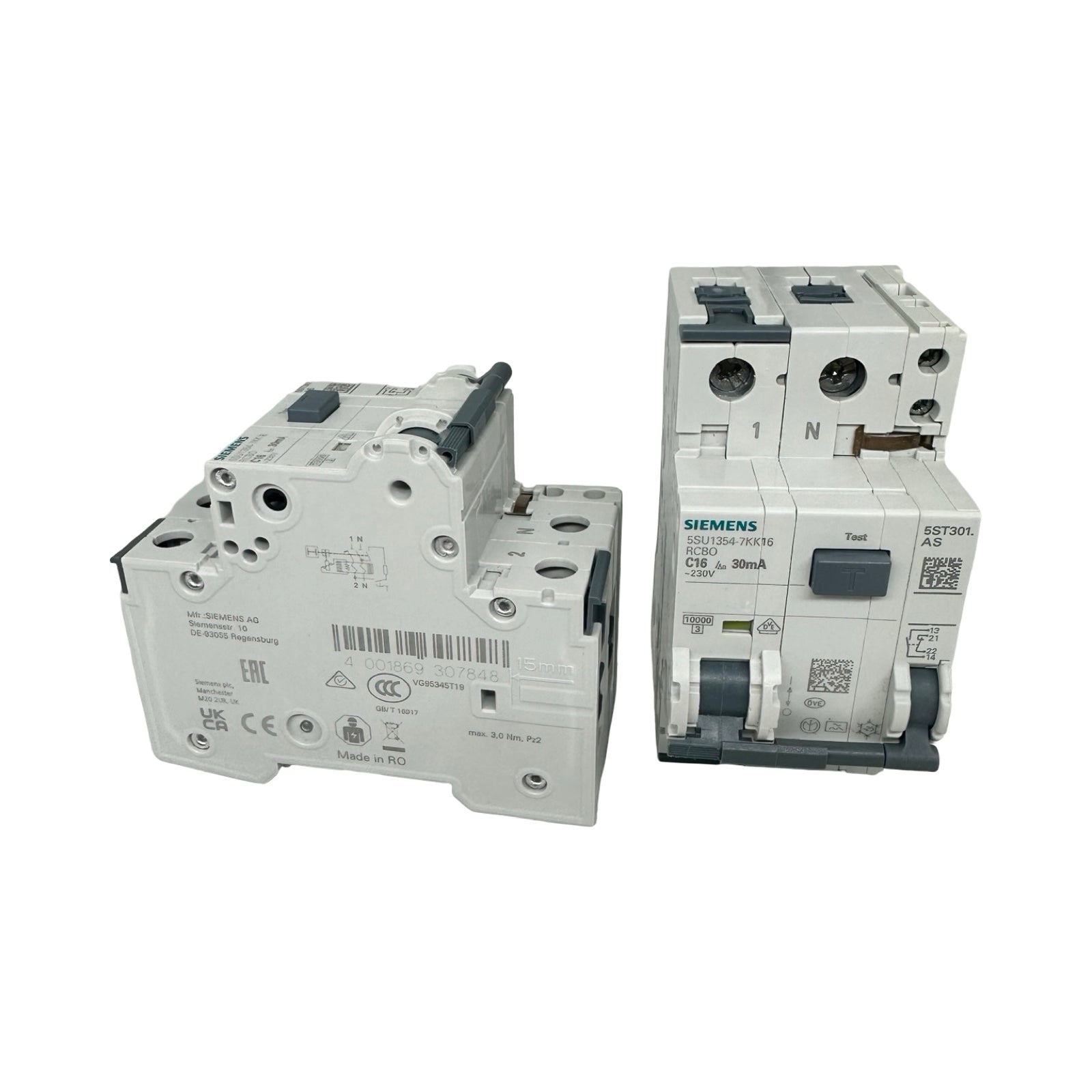 2x Siemens 5SU1354-7KK16 FI/LS Schalter C16 30mA RCBO + 5ST3010 Hilfsschalter
