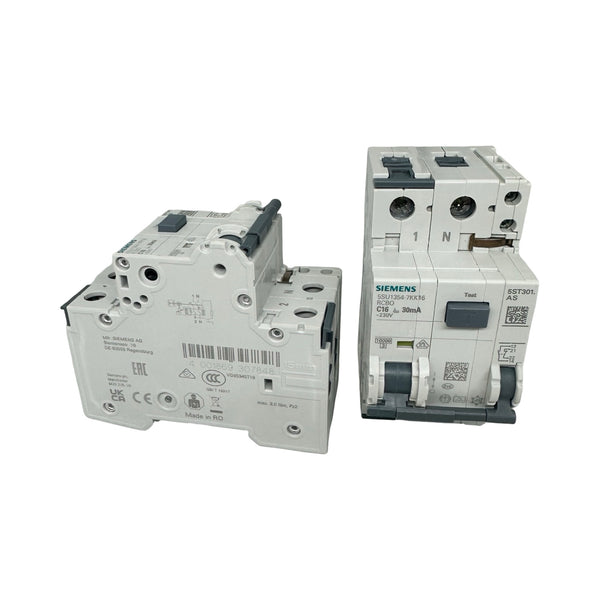 2x Siemens 5SU1354-7KK16 FI/LS Schalter C16 30mA RCBO + 5ST3010 Hilfsschalter