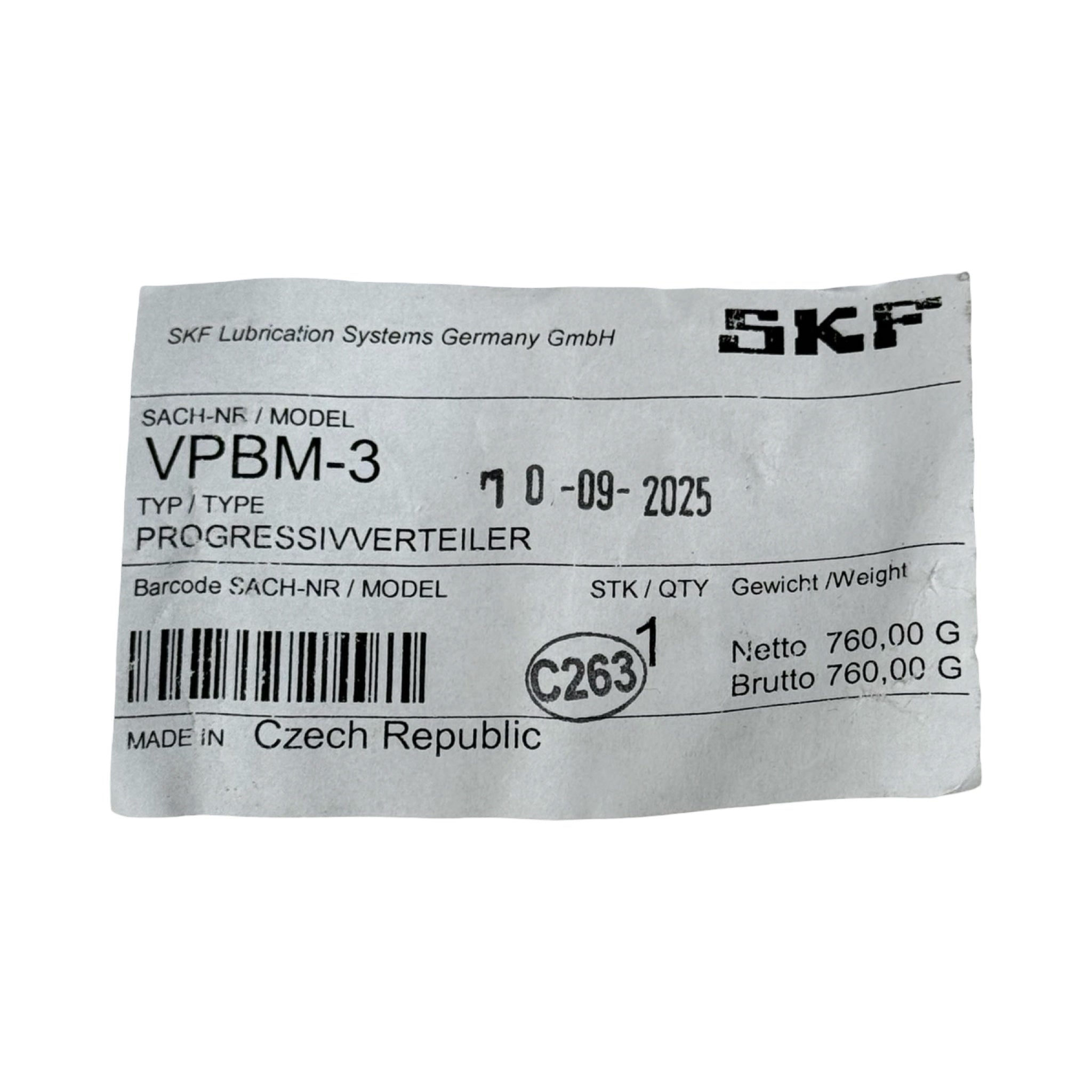 SKF VPBM-3 Progressivverteiler Zentralschmierung Schmierverteiler M10x1 Block