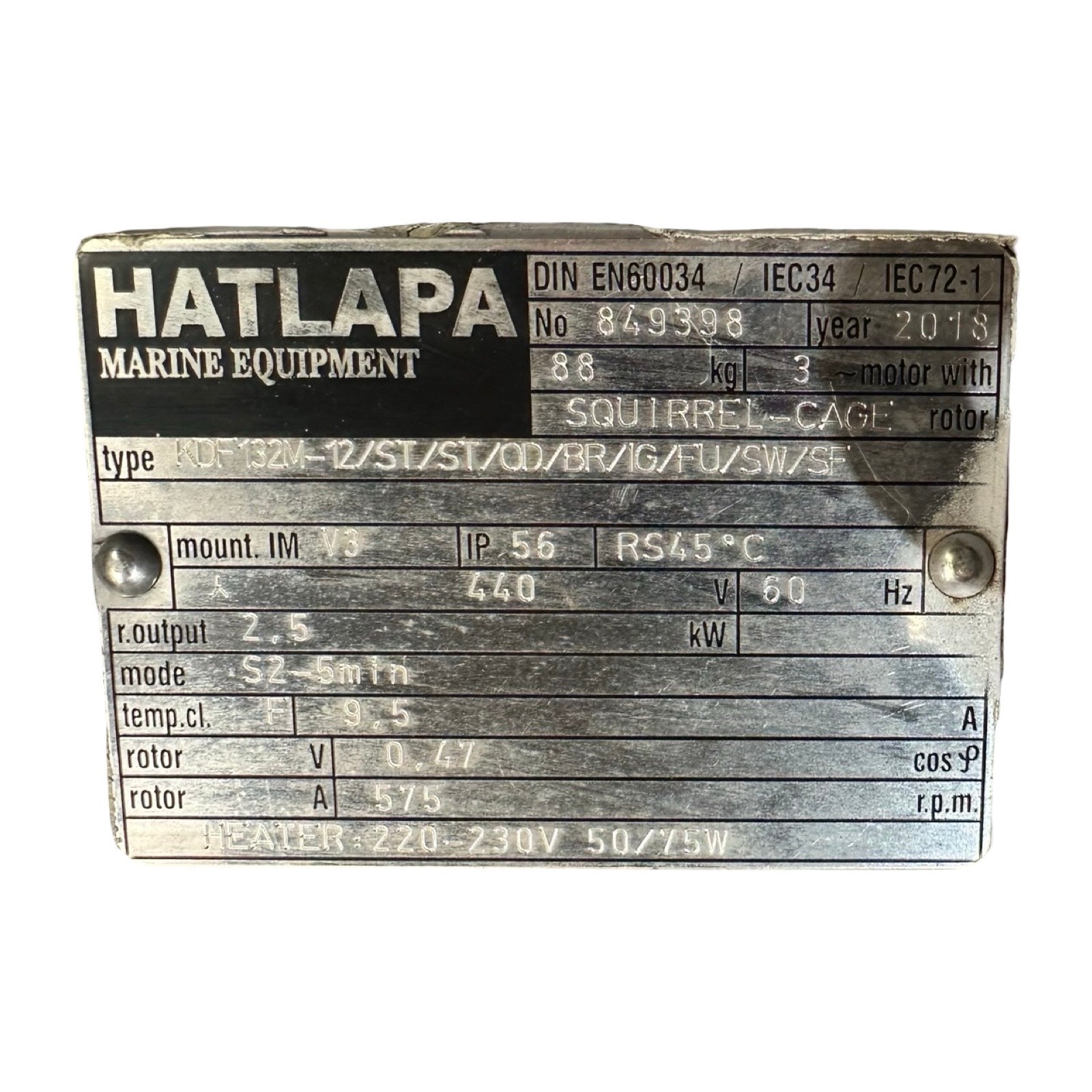 Hatlapa Elektromotor 2,5kW 440V Marine IP56 mit Baumer Encoder HOG10 DN1024