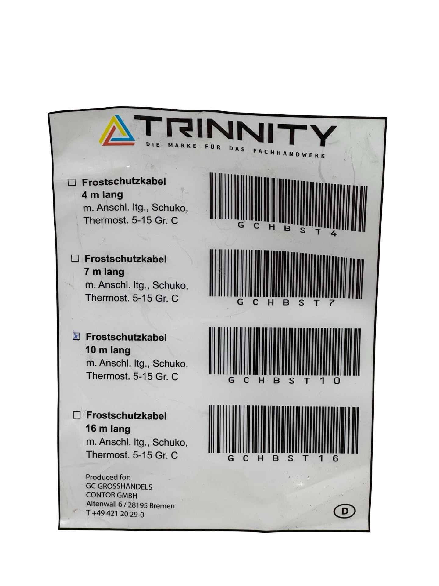 TRINNITY 35602-10GC-T Frostschutzkabel 10m 230V 100W Heizkabel IPX7