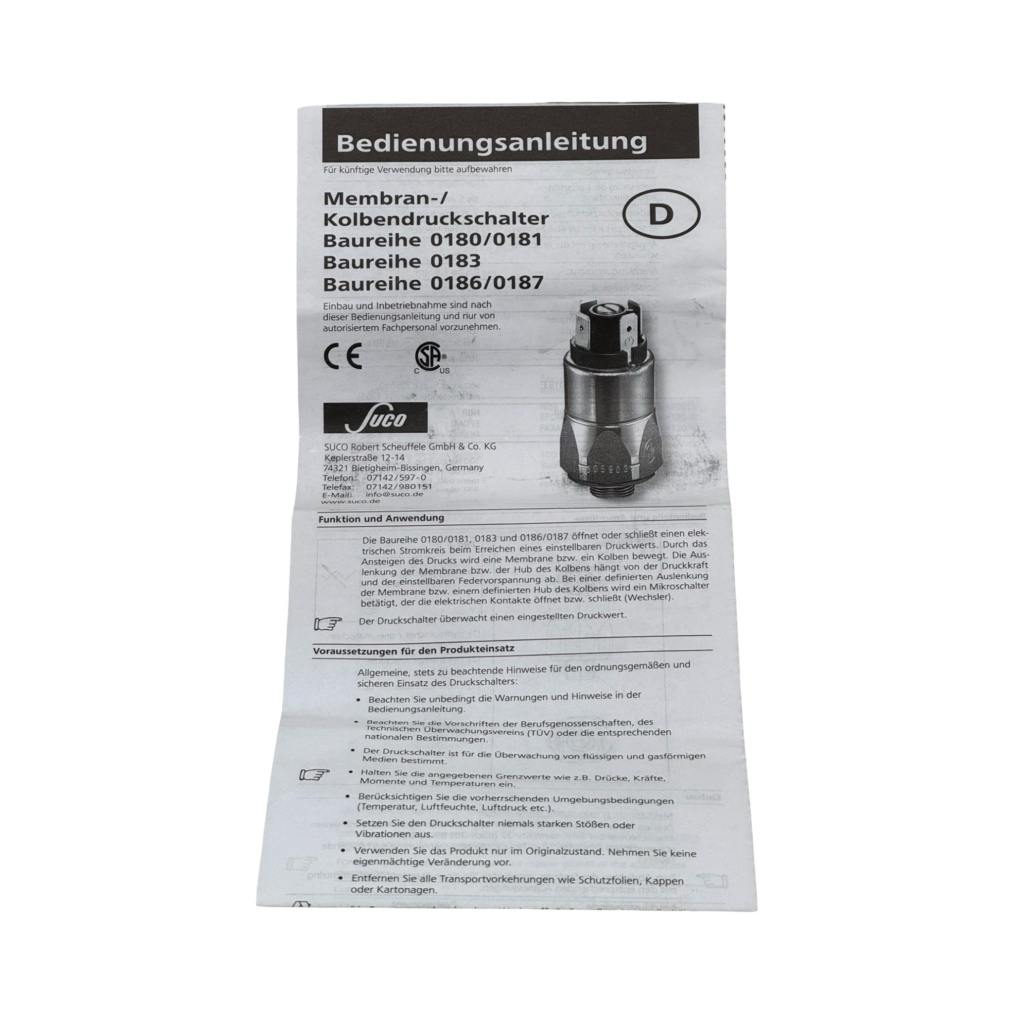 SUCO 0180-45903-1-009 Membrandruckschalter 10–50bar G1/4 250V SPDT