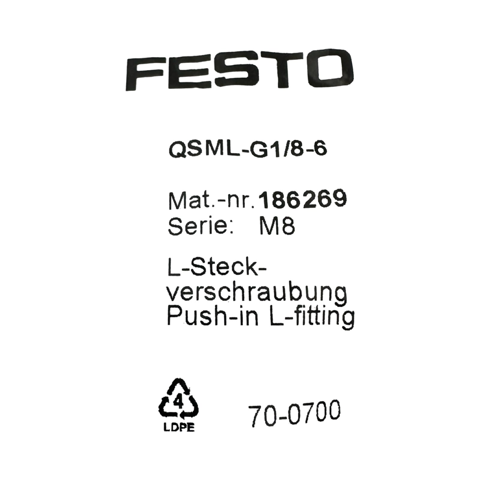 10x Festo QSML-G1/8-6 L-Steckverschraubung 186269 Pneumatik Winkel 10x