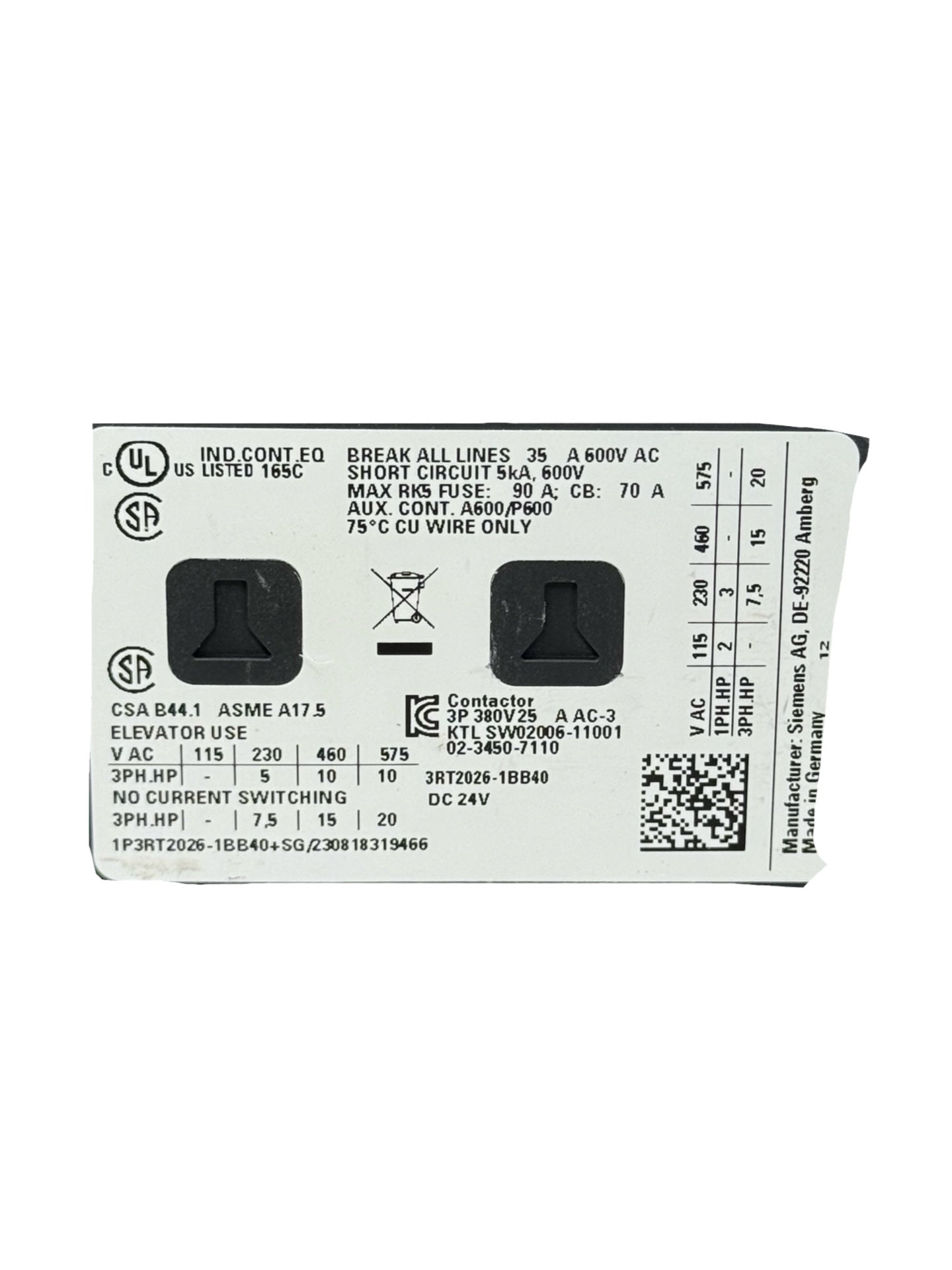 Siemens 3RT2026-1BB40 Leistungsschütz SIRIUS 24V DC 25A AC-3 Schütz