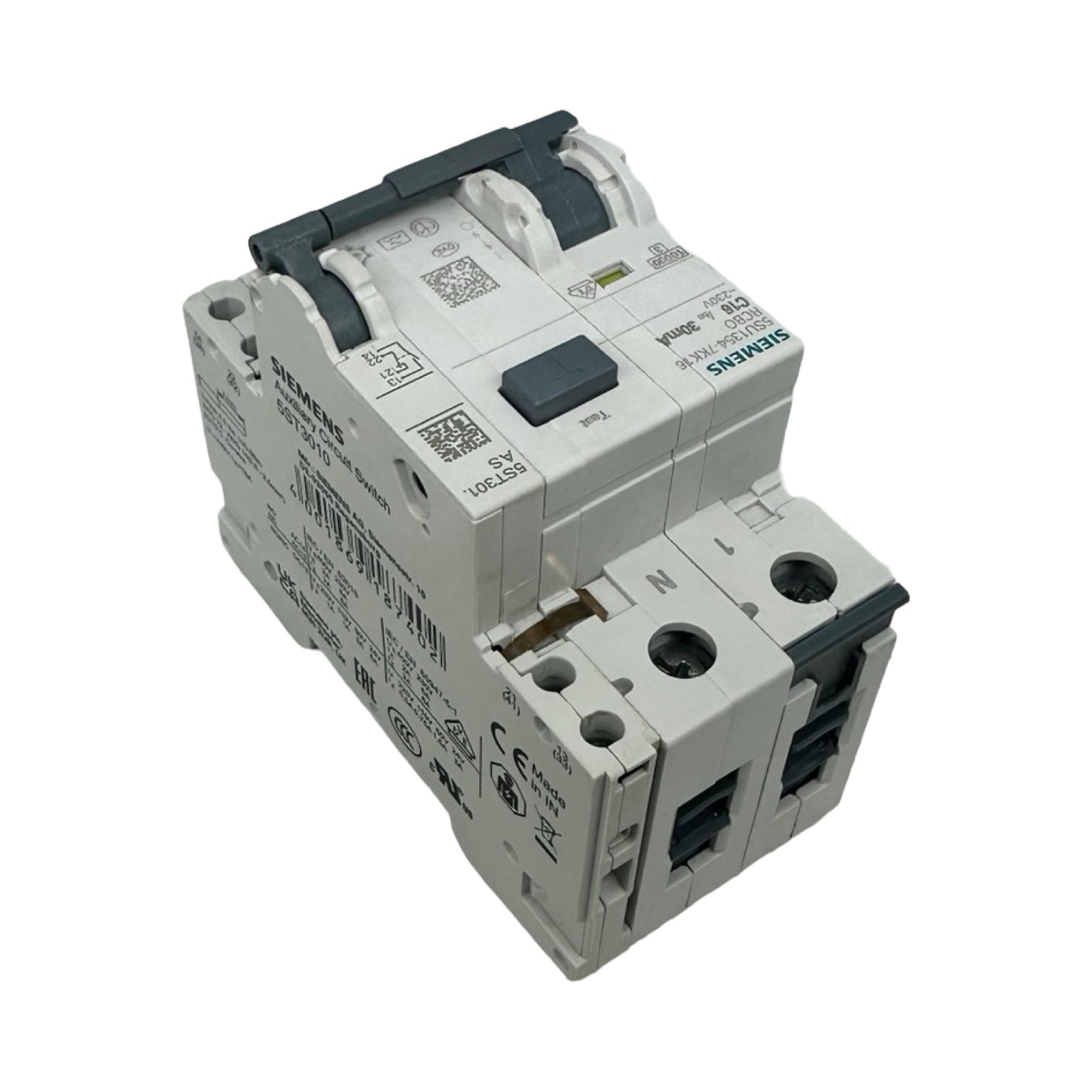 2x Siemens 5SU1354-7KK16 FI/LS Schalter C16 30mA RCBO + 5ST3010 Hilfsschalter