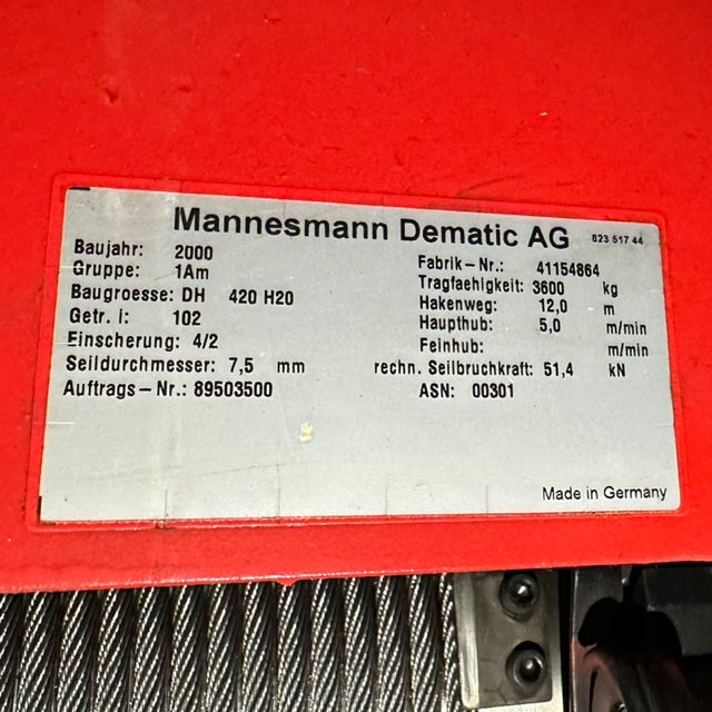 DEMAG Seilzug, Seilwinde, Kran, 3600Kg / Hackenweg: 12m / Seildurchmesser: 7,5mm