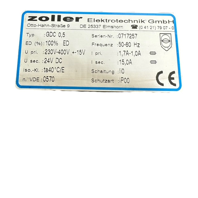 Zoller Travo / Transformator GDC0,5 / 220V-400V+-15% / 24VDC / 15A / Hz50/60